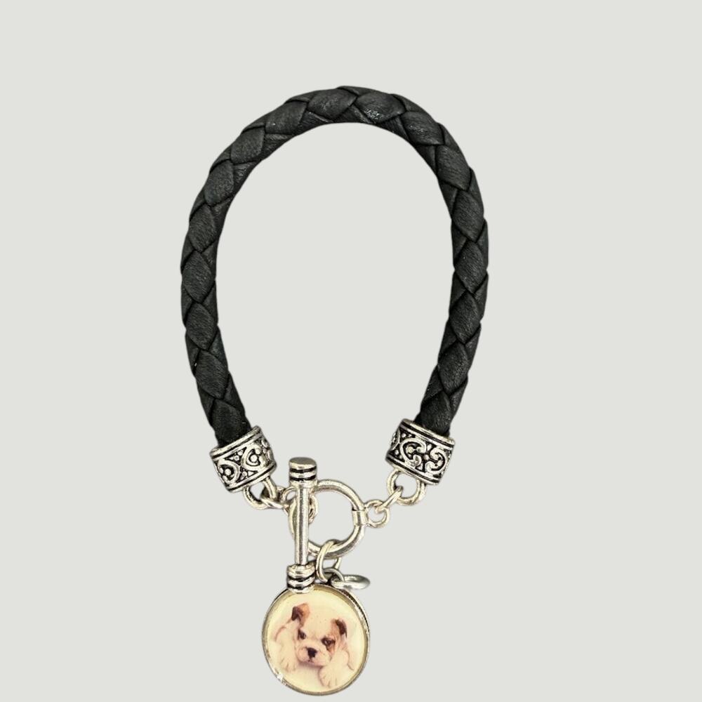 Black Braided Leather Bracelet Bulldog Coin Charm Double Sided Toggle Clasp